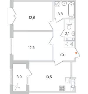 2-к квартира, строящийся дом, 52м2, 3/4 этаж