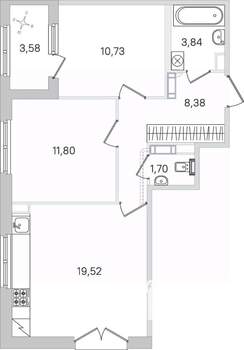2-к квартира, строящийся дом, 58м2, 3/4 этаж