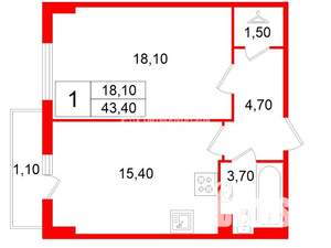 1-к квартира, вторичка, 43м2, 2/10 этаж