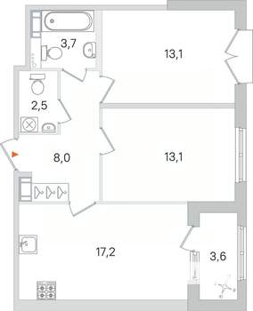 2-к квартира, строящийся дом, 58м2, 4/4 этаж