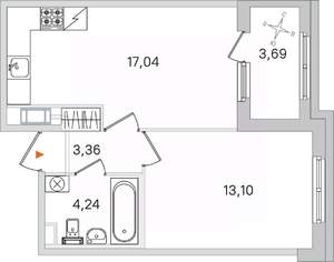 1-к квартира, вторичка, 38м2, 4/4 этаж