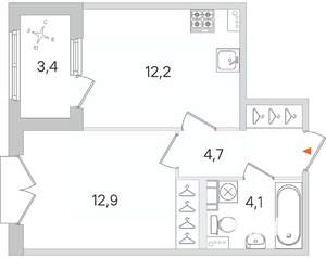 1-к квартира, строящийся дом, 34м2, 4/4 этаж