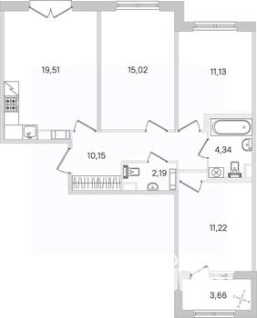 3-к квартира, строящийся дом, 75м2, 3/4 этаж