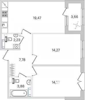 2-к квартира, строящийся дом, 64м2, 3/4 этаж