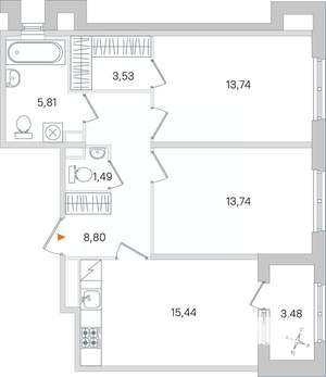 2-к квартира, вторичка, 64м2, 1/4 этаж