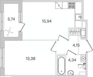 1-к квартира, строящийся дом, 40м2, 4/4 этаж