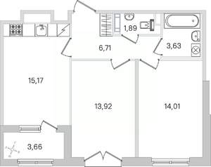 2-к квартира, строящийся дом, 57м2, 2/4 этаж