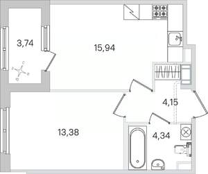 1-к квартира, строящийся дом, 40м2, 2/4 этаж