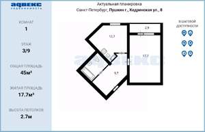 1-к квартира, вторичка, 45м2, 3/9 этаж