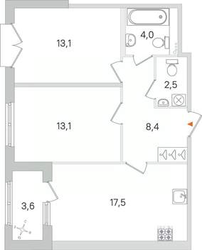 2-к квартира, строящийся дом, 59м2, 2/4 этаж