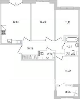 3-к квартира, строящийся дом, 75м2, 3/4 этаж