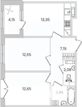 2-к квартира, строящийся дом, 54м2, 3/4 этаж