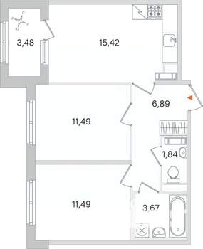 2-к квартира, строящийся дом, 51м2, 4/4 этаж