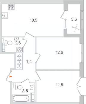 2-к квартира, строящийся дом, 57м2, 4/4 этаж