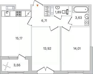 2-к квартира, вторичка, 55м2, 4/4 этаж