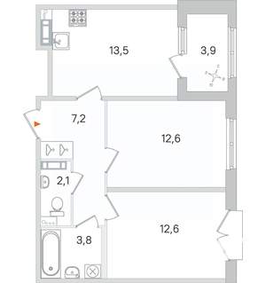 2-к квартира, строящийся дом, 52м2, 2/4 этаж