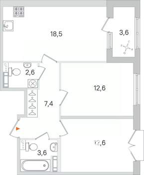 2-к квартира, строящийся дом, 57м2, 3/4 этаж