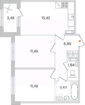 2-к квартира, строящийся дом, 51м2, 4/4 этаж