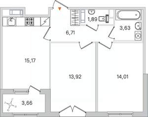 2-к квартира, вторичка, 55м2, 3/4 этаж
