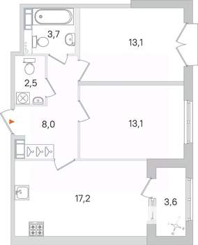 2-к квартира, строящийся дом, 58м2, 3/4 этаж