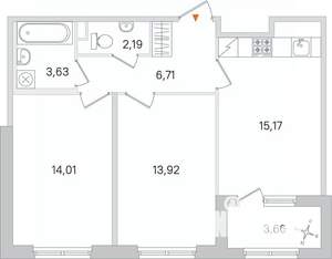 2-к квартира, строящийся дом, 56м2, 2/4 этаж