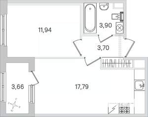 1-к квартира, строящийся дом, 39м2, 1/4 этаж