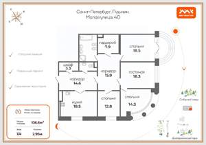 4-к квартира, вторичка, 137м2, 1/4 этаж