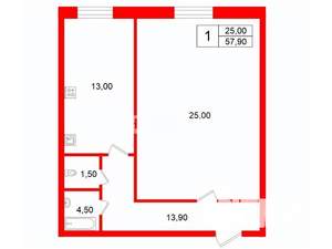 1-к квартира, вторичка, 58м2, 3/4 этаж