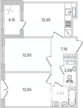 2-к квартира, строящийся дом, 54м2, 4/4 этаж