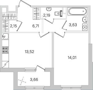 1-к квартира, строящийся дом, 44м2, 1/4 этаж