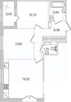 2-к квартира, строящийся дом, 58м2, 2/4 этаж