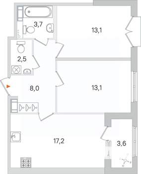 2-к квартира, строящийся дом, 58м2, 2/4 этаж