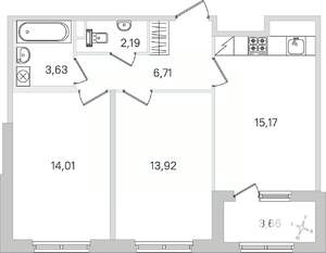 2-к квартира, строящийся дом, 57м2, 1/4 этаж