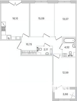 3-к квартира, строящийся дом, 78м2, 2/4 этаж