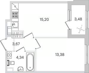 1-к квартира, строящийся дом, 38м2, 4/4 этаж