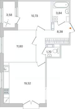 2-к квартира, вторичка, 58м2, 4/4 этаж