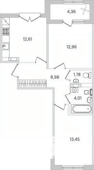 2-к квартира, строящийся дом, 56м2, 4/4 этаж