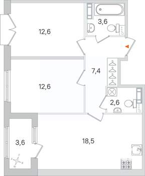 2-к квартира, строящийся дом, 57м2, 3/4 этаж