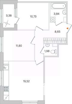 2-к квартира, вторичка, 58м2, 1/4 этаж