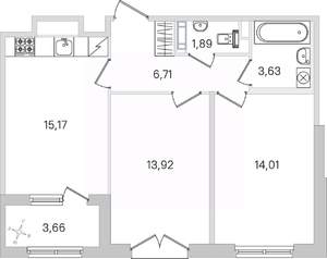 2-к квартира, строящийся дом, 57м2, 3/4 этаж