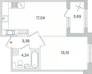 1-к квартира, строящийся дом, 38м2, 3/4 этаж