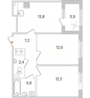 2-к квартира, строящийся дом, 52м2, 1/4 этаж