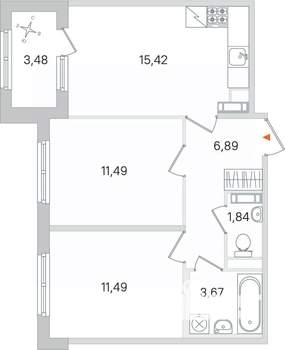 2-к квартира, строящийся дом, 51м2, 3/4 этаж