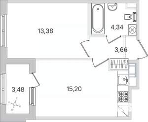 1-к квартира, строящийся дом, 38м2, 4/4 этаж