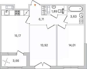 2-к квартира, вторичка, 55м2, 3/4 этаж