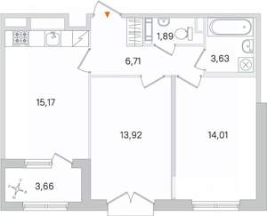 2-к квартира, строящийся дом, 55м2, 4/4 этаж