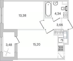 1-к квартира, строящийся дом, 38м2, 3/4 этаж