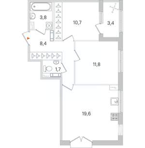 2-к квартира, строящийся дом, 56м2, 3/4 этаж