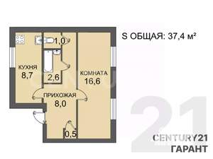 1-к квартира, вторичка, 37м2, 1/2 этаж