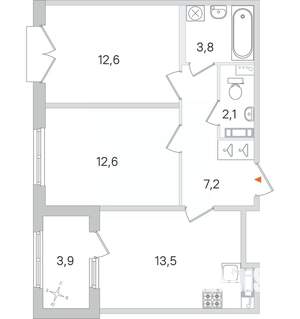 2-к квартира, строящийся дом, 52м2, 2/4 этаж